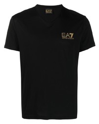 T-shirt à col en v imprimé noir Ea7 Emporio Armani
