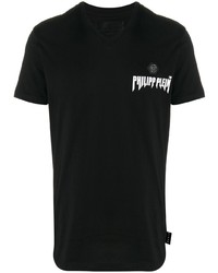 T-shirt à col en v imprimé noir Philipp Plein