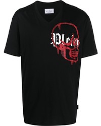 T-shirt à col en v imprimé noir Philipp Plein