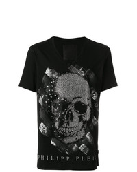 T-shirt à col en v imprimé noir Philipp Plein