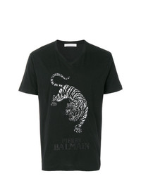 T-shirt à col en v imprimé noir Pierre Balmain