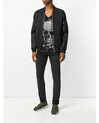 T-shirt à col en v imprimé noir Philipp Plein