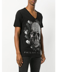 T-shirt à col en v imprimé noir Philipp Plein