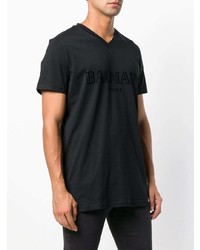 T-shirt à col en v imprimé noir Balmain