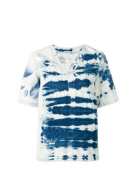 T-shirt à col en v imprimé tie-dye bleu