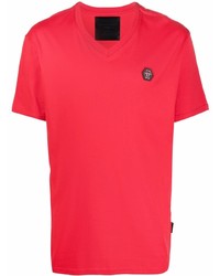 T-shirt à col en v rouge Philipp Plein
