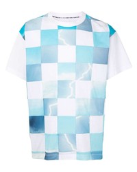 T-shirt à col rond à carreaux blanc et bleu Fumito Ganryu