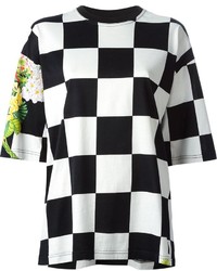 T-shirt à col rond à carreaux noir et blanc Versace