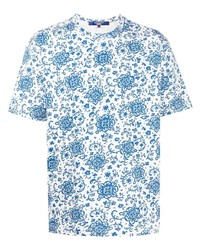 T-shirt à col rond à fleurs blanc et bleu Junya Watanabe