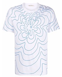 T-shirt à col rond à fleurs blanc et bleu Marni