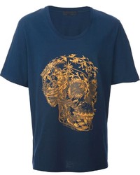 T-shirt à col rond à fleurs bleu marine Alexander McQueen