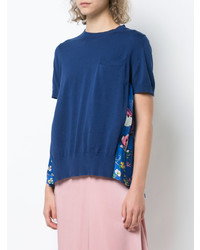 T-shirt à col rond à fleurs bleu marine Sacai