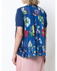 T-shirt à col rond à fleurs bleu marine Sacai