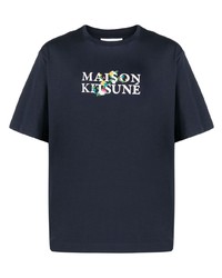 T-shirt à col rond à fleurs bleu marine MAISON KITSUNÉ