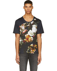 T-shirt à col rond à fleurs bleu marine Alexander McQueen