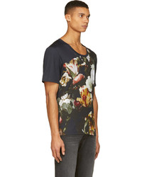 T-shirt à col rond à fleurs bleu marine Alexander McQueen