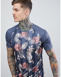 T-shirt à col rond à fleurs bleu marine Siksilk