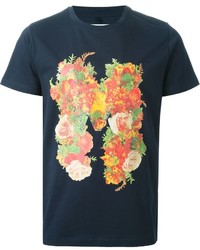 T-shirt à col rond à fleurs bleu marine