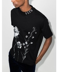 T-shirt à col rond à fleurs noir et blanc Valentino