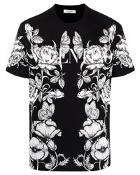 T-shirt à col rond à fleurs noir et blanc Valentino