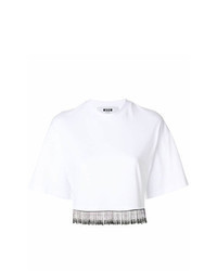 T-shirt à col rond à franges blanc