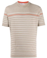 T-shirt à col rond à rayures horizontales beige Brunello Cucinelli