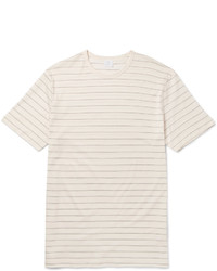 T-shirt à col rond à rayures horizontales beige Sunspel