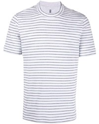 T-shirt à col rond à rayures horizontales blanc et bleu marine Brunello Cucinelli