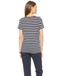 T-shirt à col rond à rayures horizontales blanc et bleu marine
