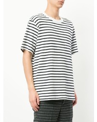 T-shirt à col rond à rayures horizontales blanc et bleu marine Sacai