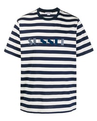 T-shirt à col rond à rayures horizontales blanc et bleu marine Sunnei