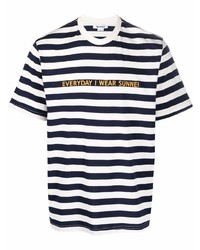 T-shirt à col rond à rayures horizontales blanc et bleu marine Sunnei