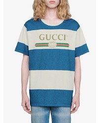 T-shirt à col rond à rayures horizontales blanc et bleu Gucci