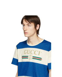 T-shirt à col rond à rayures horizontales blanc et bleu Gucci