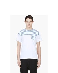 T-shirt à col rond à rayures horizontales blanc et bleu Sacai