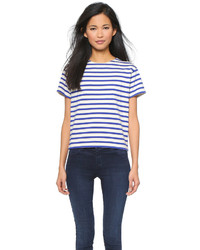 T-shirt à col rond à rayures horizontales blanc et bleu