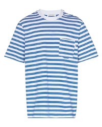 T-shirt à col rond à rayures horizontales blanc et bleu Wood Wood