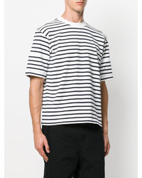 T-shirt à col rond à rayures horizontales blanc et noir Sacai