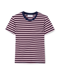 T-shirt à col rond à rayures horizontales blanc et rouge et bleu marine