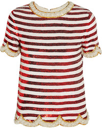 T-shirt à col rond à rayures horizontales blanc et rouge Ashish