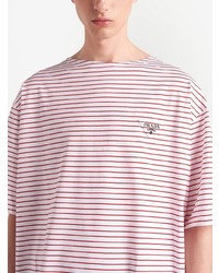 T-shirt à col rond à rayures horizontales blanc et rouge Prada
