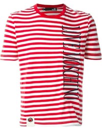 T-shirt à col rond à rayures horizontales blanc et rouge Love Moschino