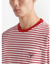 T-shirt à col rond à rayures horizontales blanc et rouge Prada