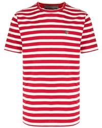 T-shirt à col rond à rayures horizontales blanc et rouge YMC