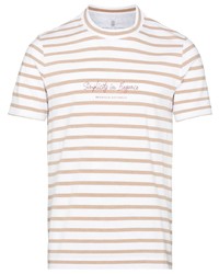 T-shirt à col rond à rayures horizontales blanc Brunello Cucinelli