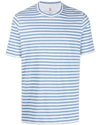 T-shirt à col rond à rayures horizontales bleu clair Brunello Cucinelli