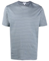 T-shirt à col rond à rayures horizontales bleu clair Sunspel