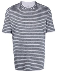 T-shirt à col rond à rayures horizontales bleu marine et blanc Brunello Cucinelli