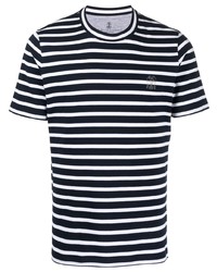 T-shirt à col rond à rayures horizontales bleu marine et blanc Brunello Cucinelli
