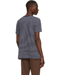 T-shirt à col rond à rayures horizontales bleu marine et blanc Sunspel